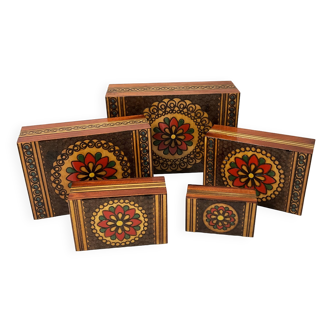 Set of 5 rare carved and painted nesting boxes