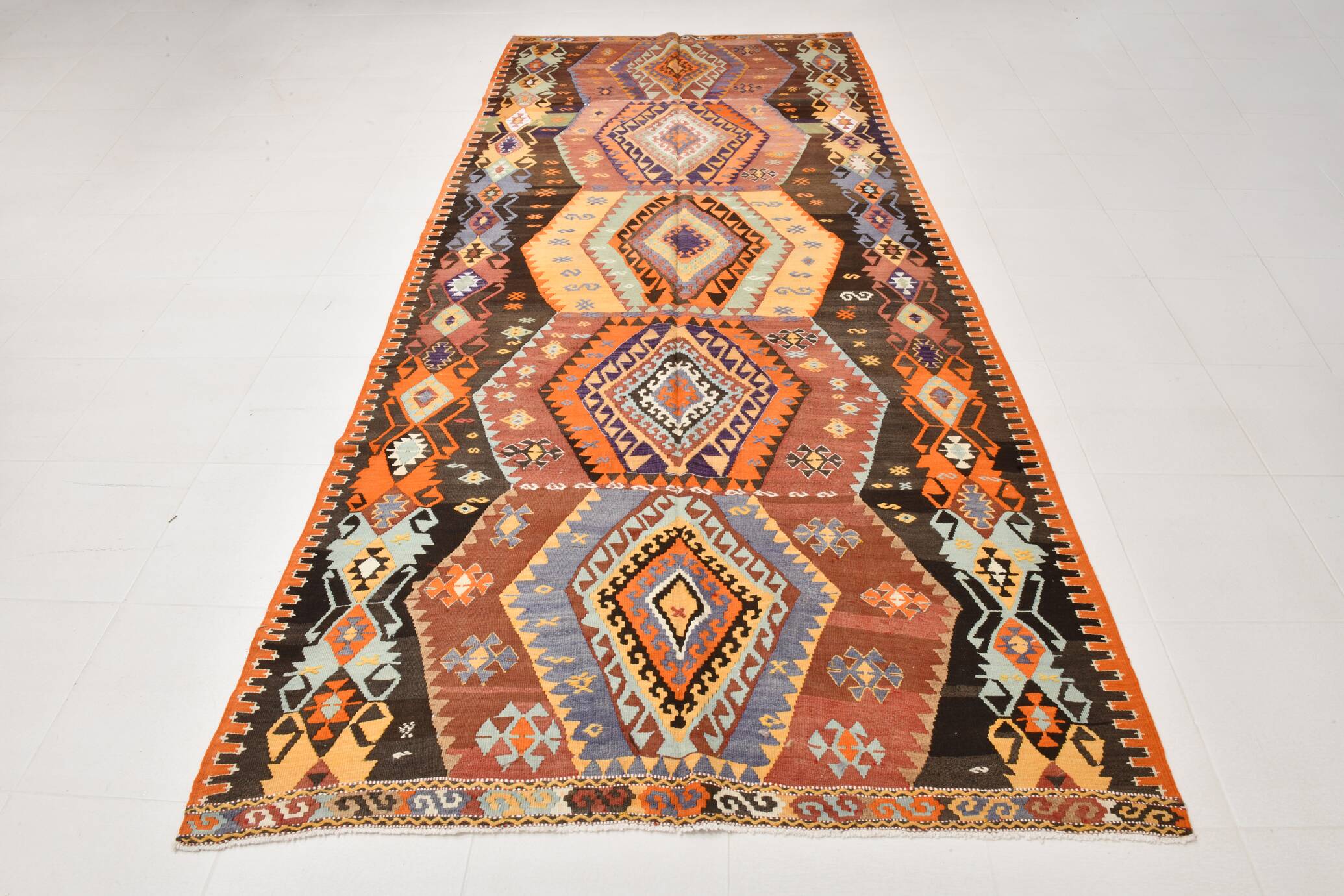 5x12 Kilim Mutlicolor Geometric Style Long Wide Turkish Kilim Rug,163x369cm
