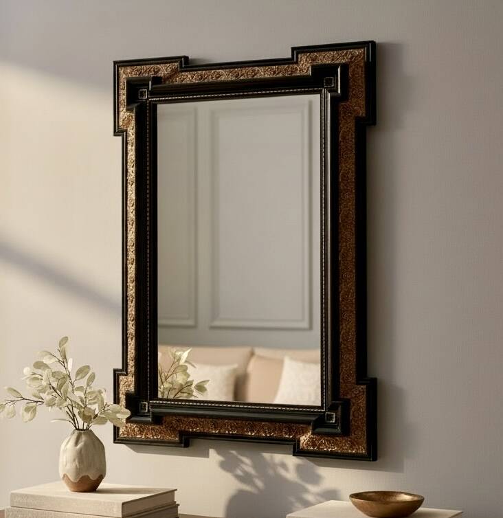 Antique wall mirror in blackened wood and gilded stucco, 19th-century Dutch style.