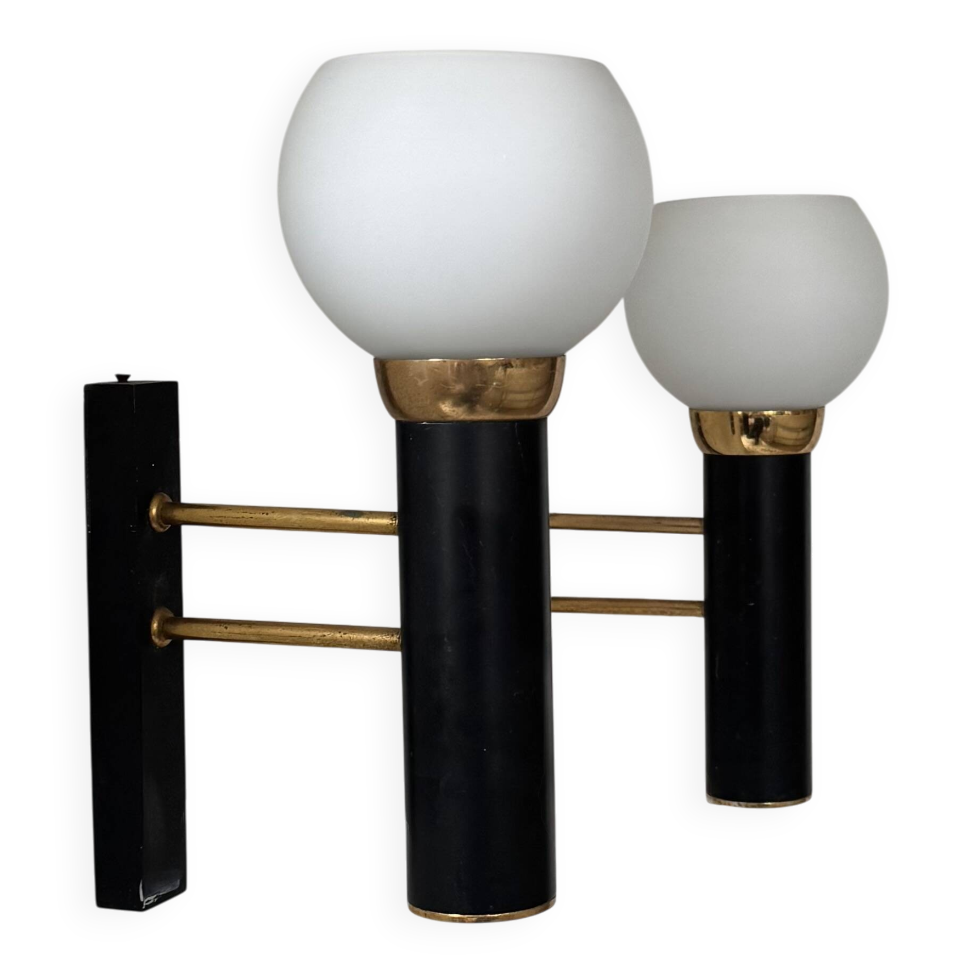 Pair of vintage wall lights, opaline brass and matte black metal, France, 1950