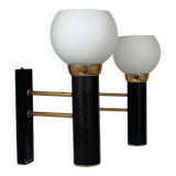 Pair of vintage wall lights, opaline brass and matte black metal, France, 1950