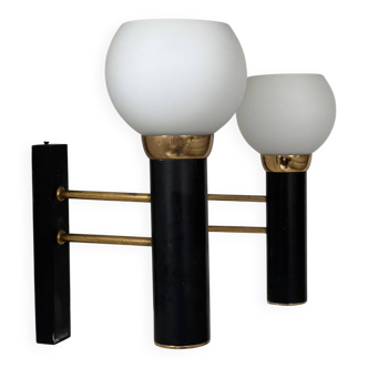 Pair of vintage wall lights, opaline brass and matte black metal, France, 1950