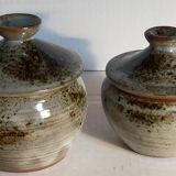 Duo of potter's pots covered in vintage glazed stoneware