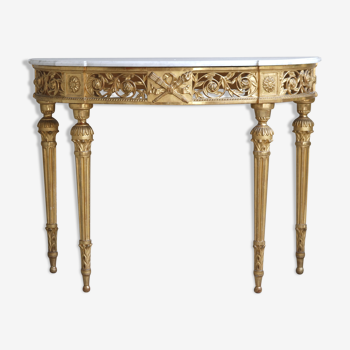 Console en bois doré de style Louis XVI, de forme demi-lune