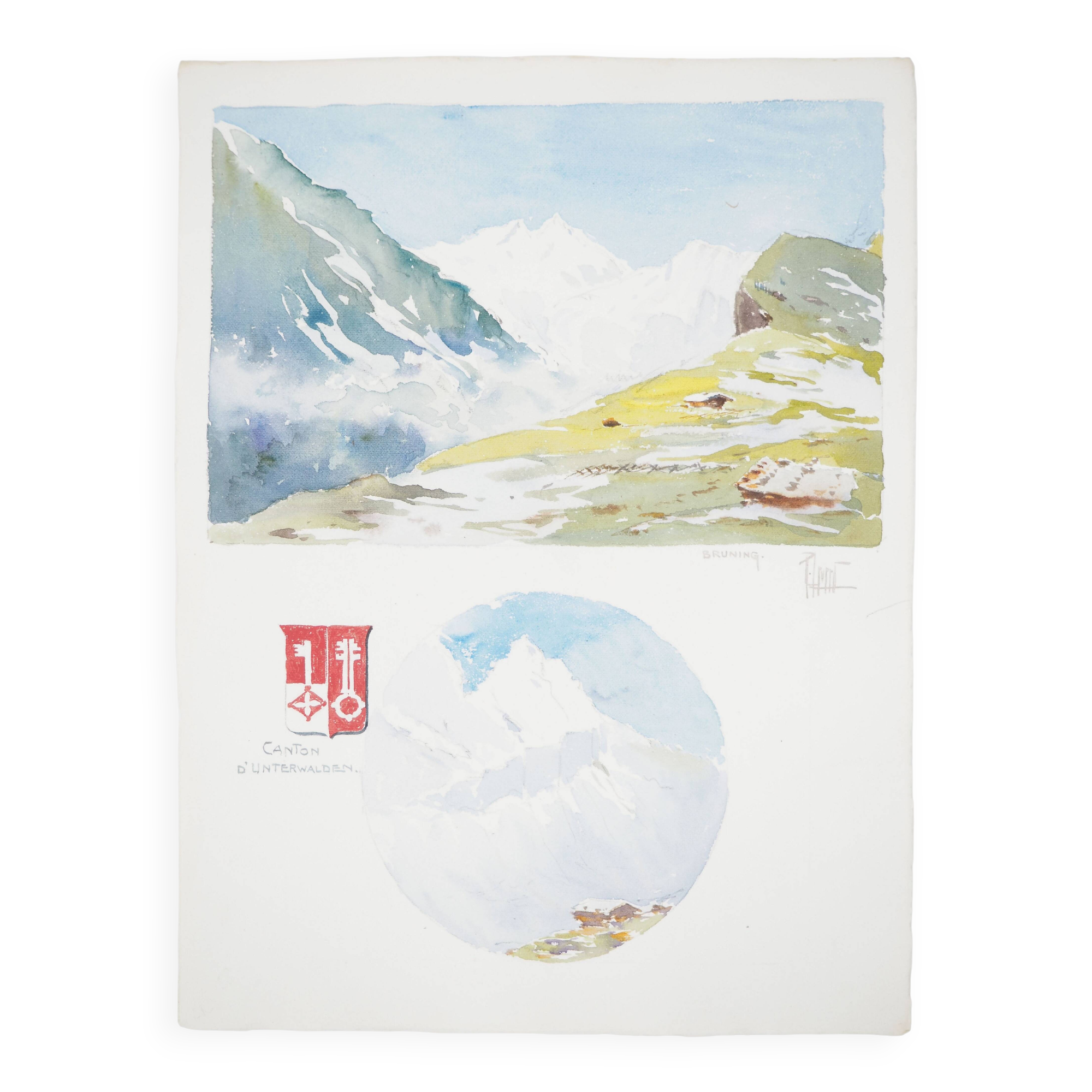 René LEVERD: Switzerland, Brüning Pass, Original signed watercolor