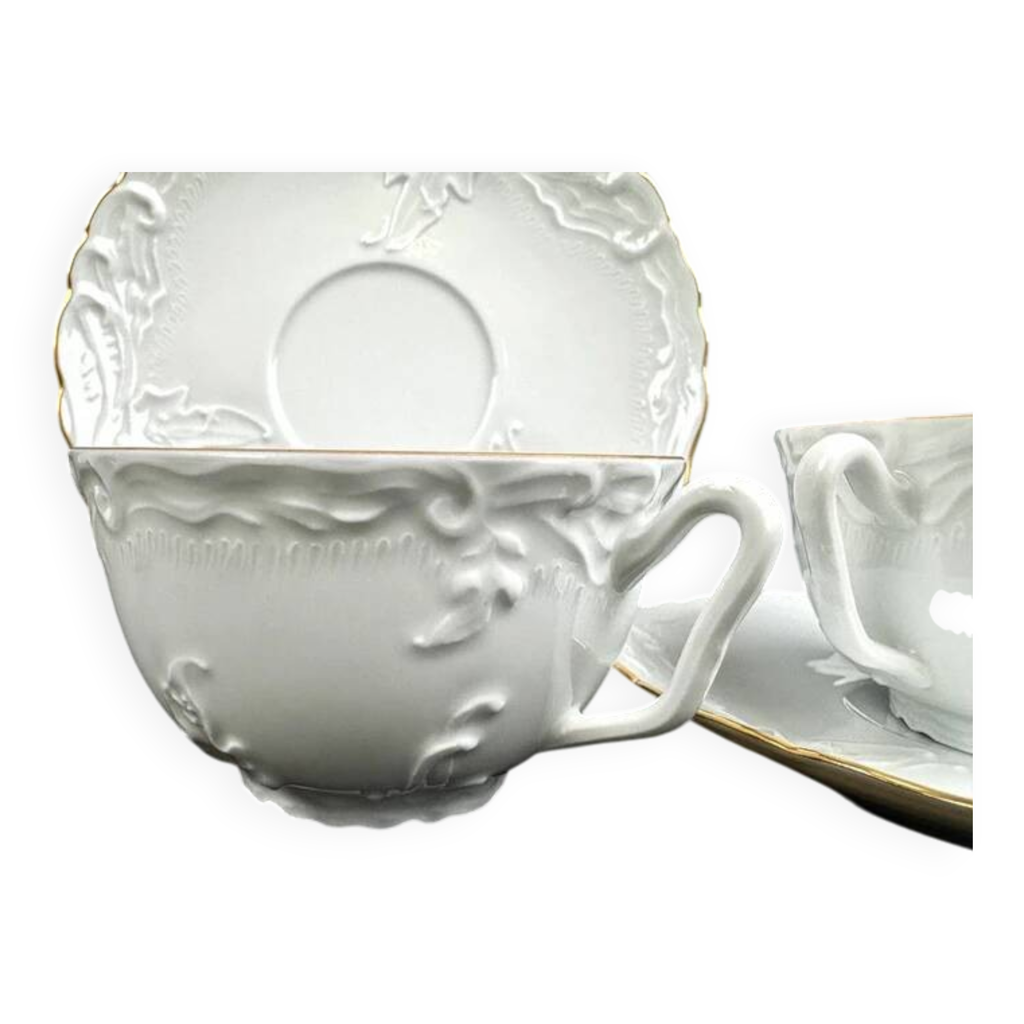 Tharaud Limoges white porcelain cups and saucers with gold relief