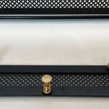 Coat rack in black lacquered metal, perforated sheet metal and brass in the style of Mathieu Matégot