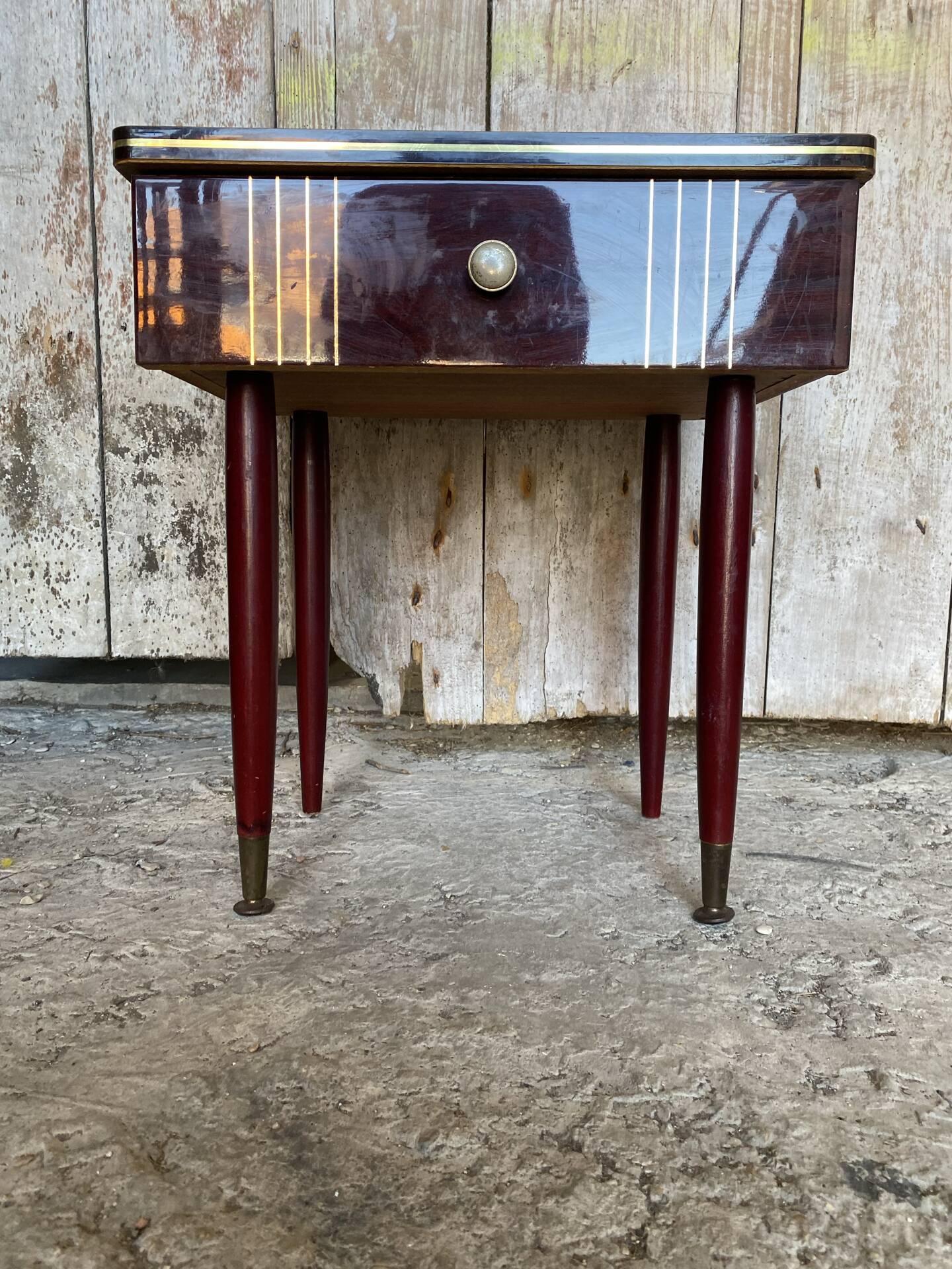 Antique Nightstand Lacquered Wood Drawer Mid-Century Vintage