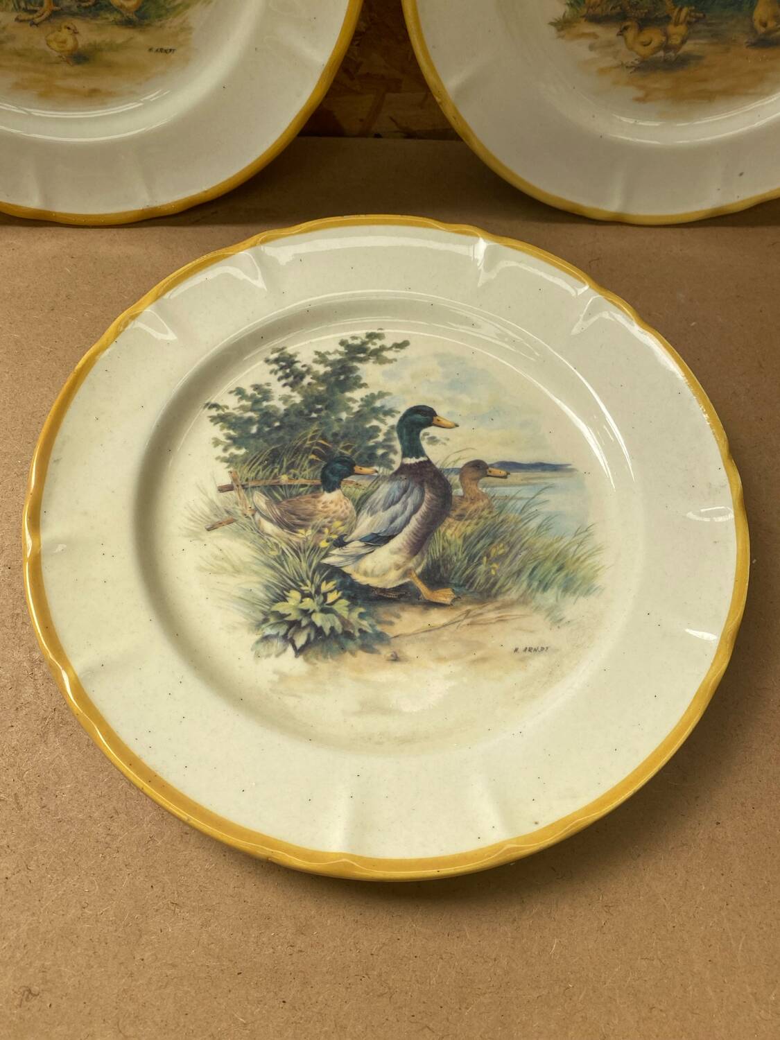 Set of 3 Old Ceramic Plates Decor H. ARNDT Rooster Hen & Duck #B188