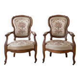 Pair of Voltaire armchairs in wood and floral fabric