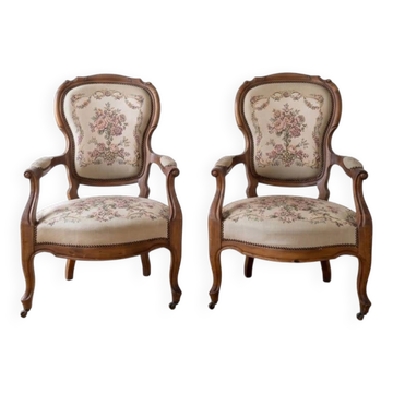 Pair of Voltaire armchairs in wood and floral fabric