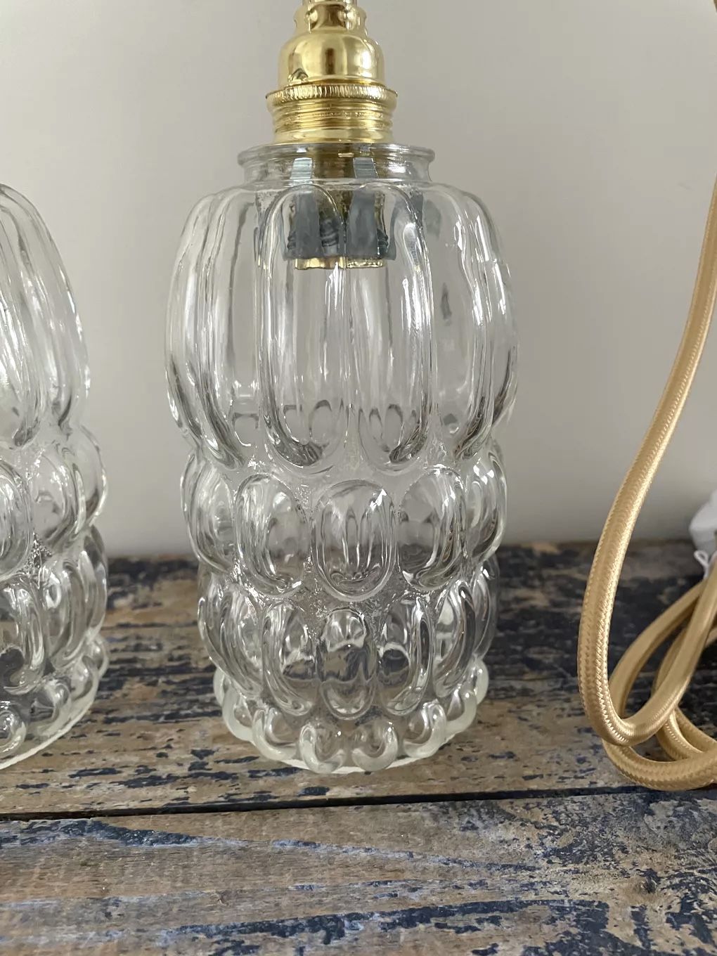 Set of two vintage electric chiseled glass walking lamps