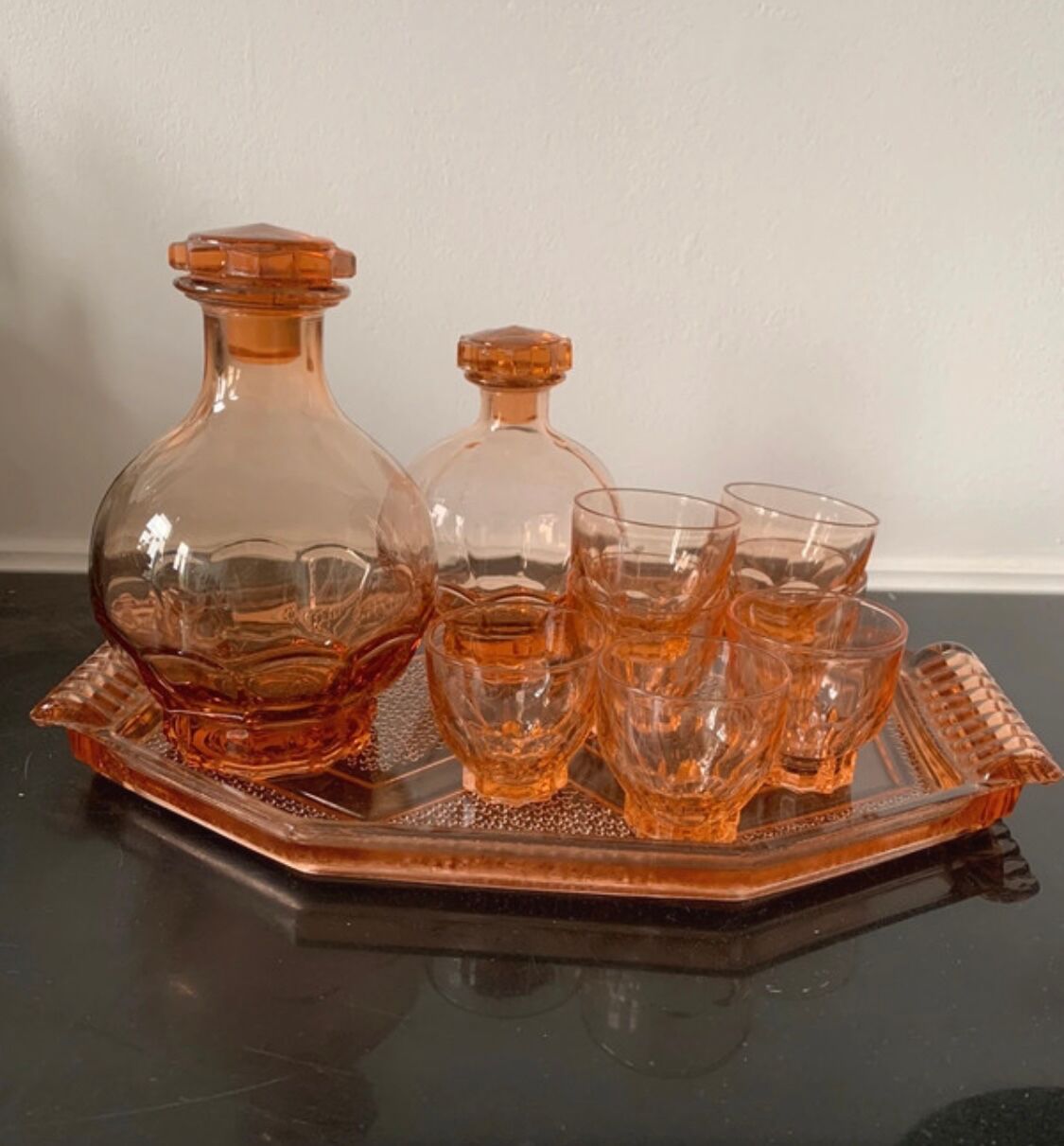 Vintage pink glass liqueur set