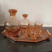 Vintage pink glass liqueur set