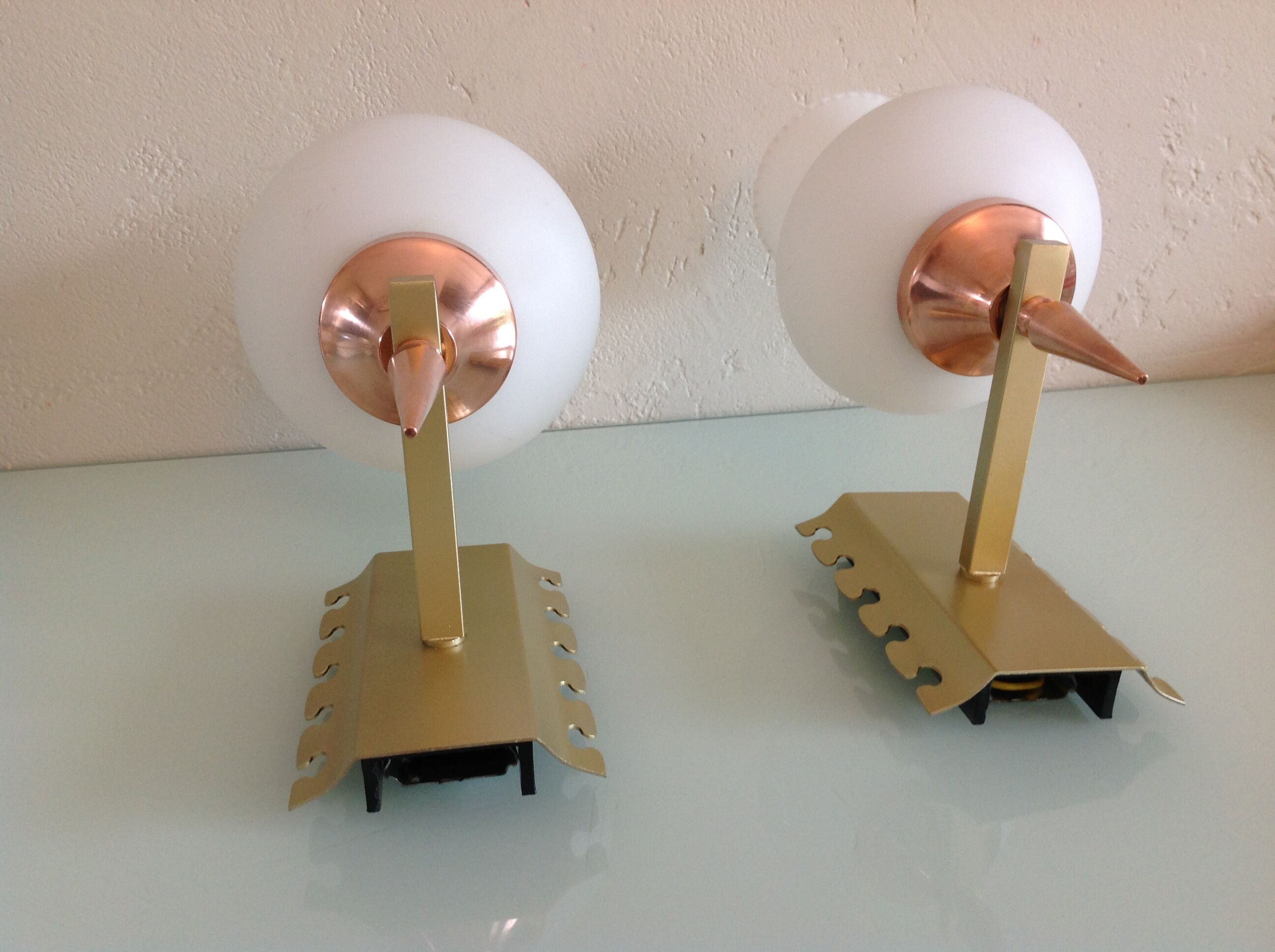 Pair of red copper and white opaline sconces 60s-70s