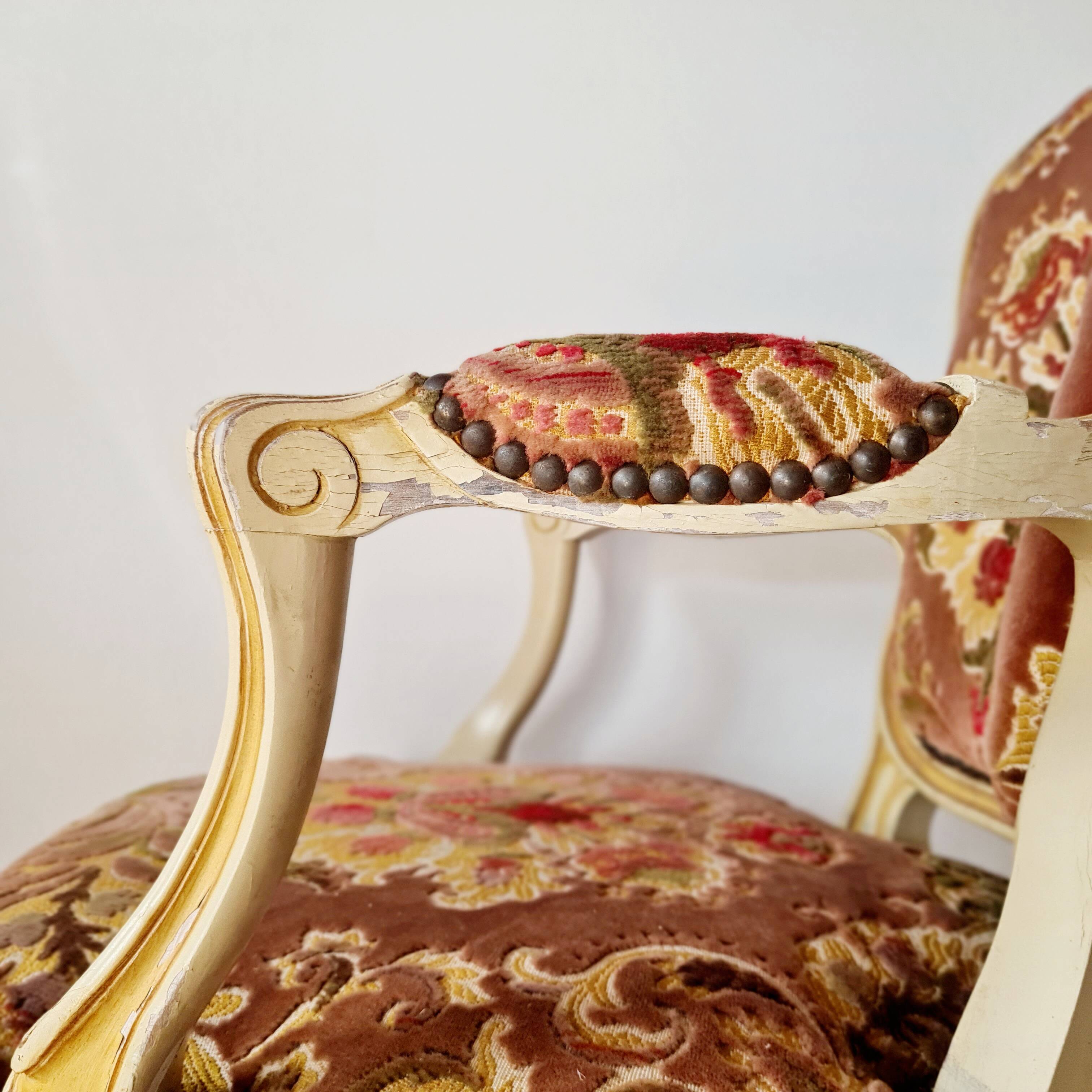 Louis XV style cabriolet armchair - floral velvet seat