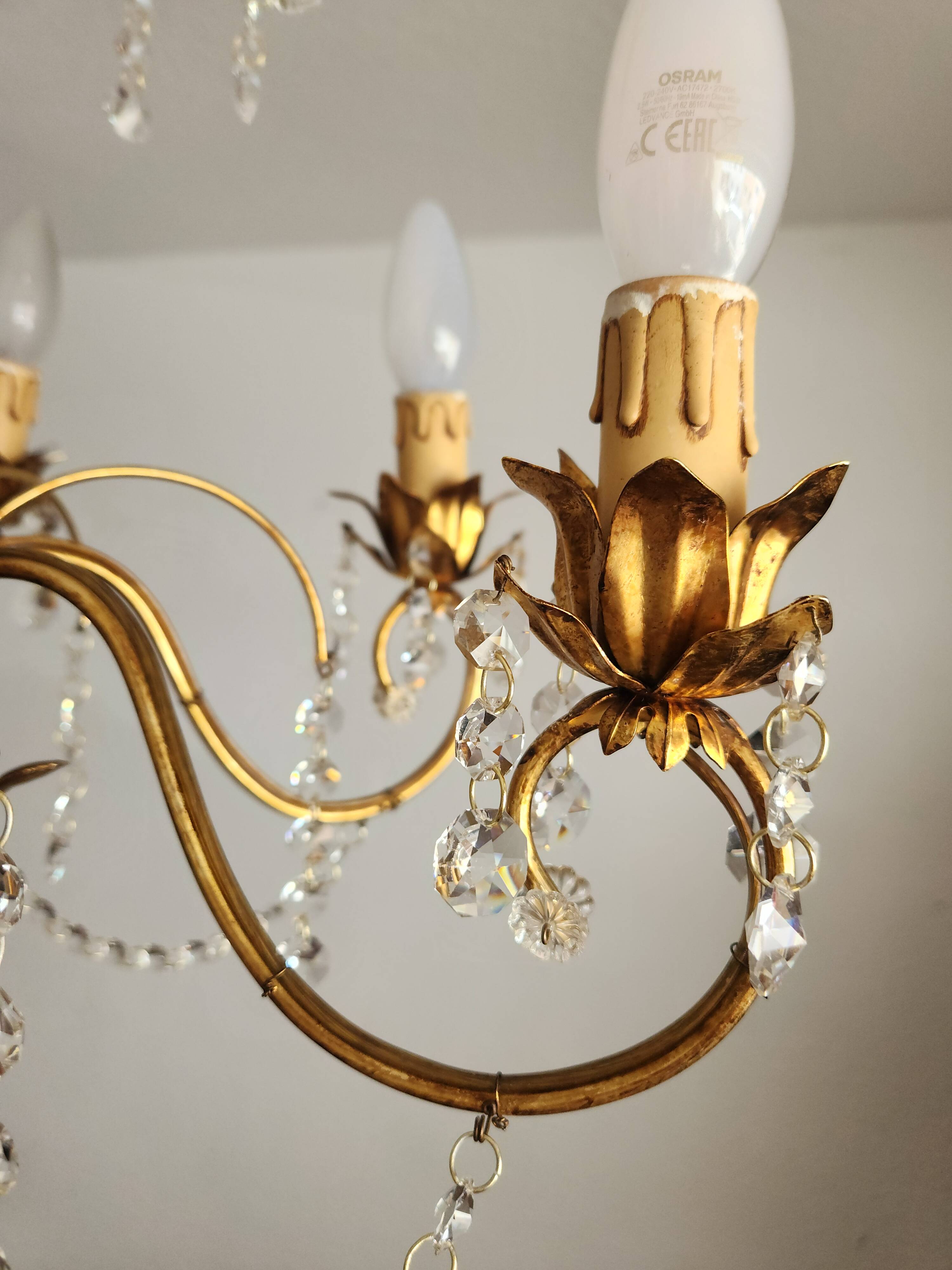 Messing doré lustre à 6 lumières lampe cristal cascade 1950-1970