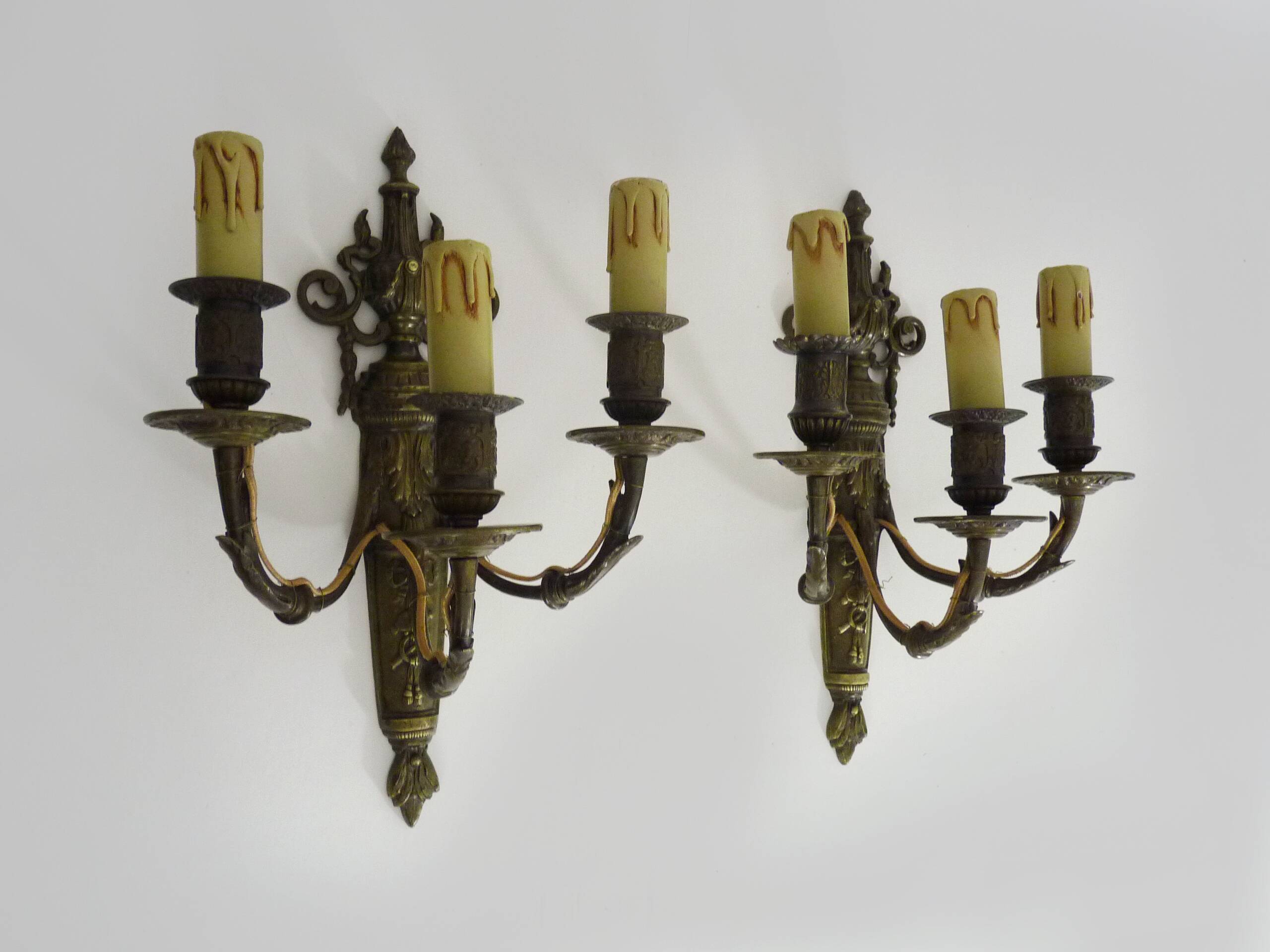Magnificent Pair of Bronze Sconces with Louis XV Style Fire Pots. 1930s