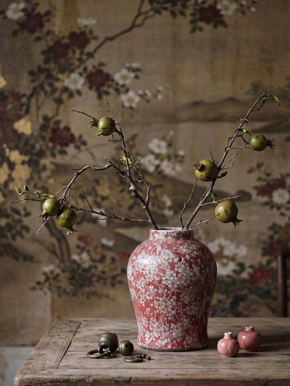 Glazed raku ceramic vase decorated with sakura, vintage 1980s-1990s.