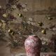 Glazed raku ceramic vase decorated with sakura, vintage 1980s-1990s.