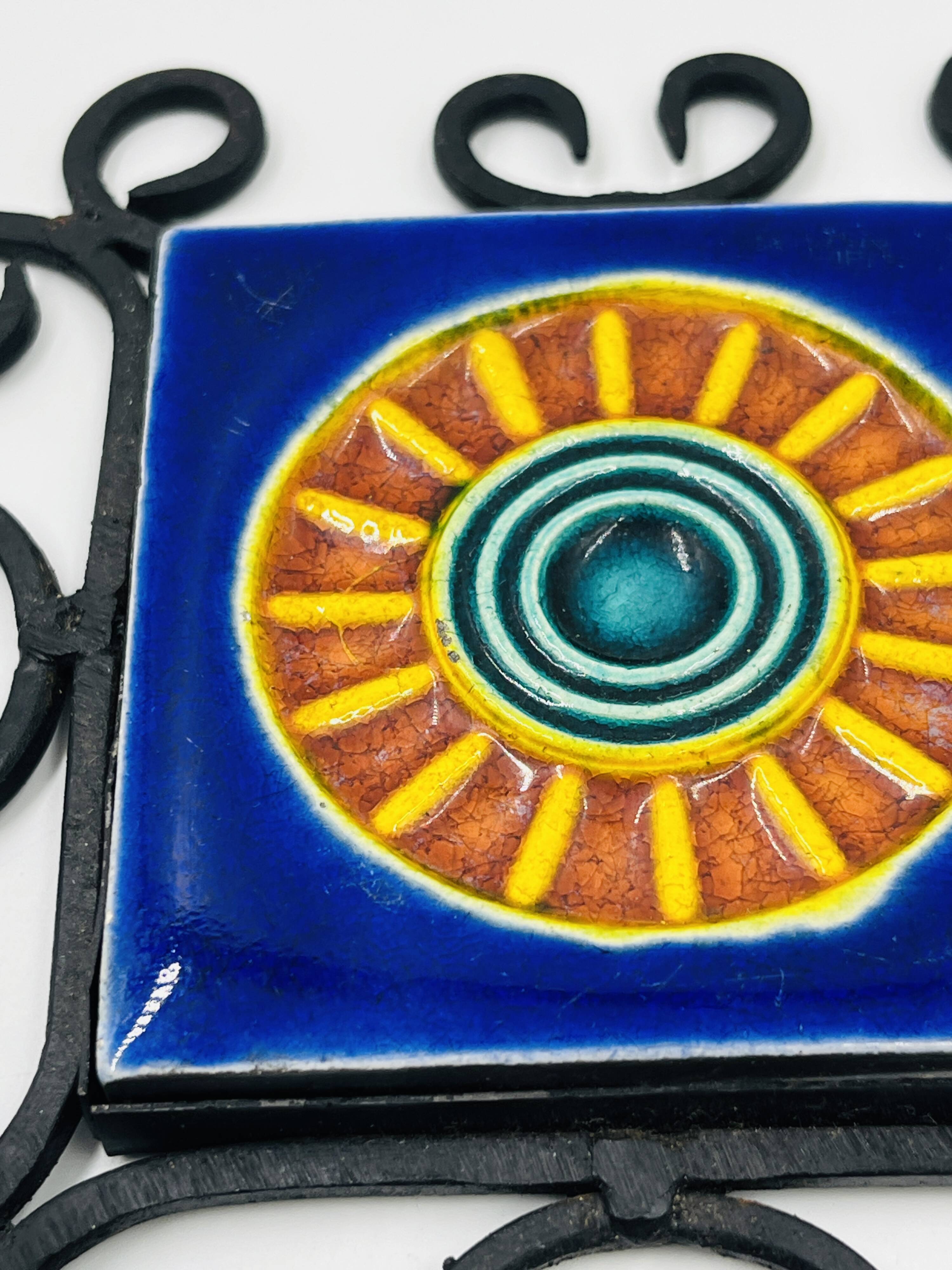 Brutalist Towel Holder Wrought Iron & Ceramic 1970