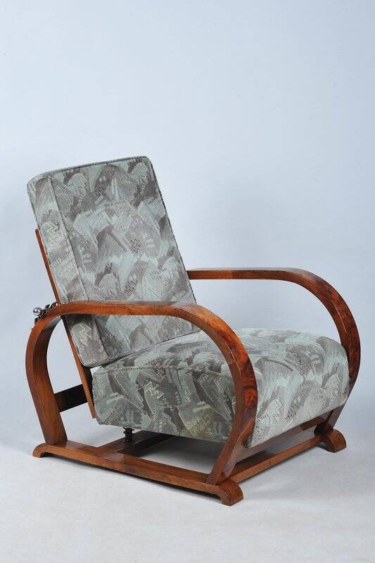 Czech Art Deco Walnut and Chrome Reclining Armchair, 1930s