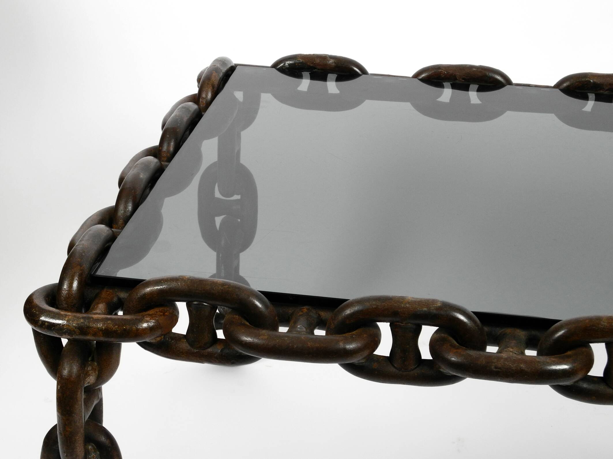 1970s XL Coffee Table Made of Nautical Iron Chain and a Thick Smoked Glass