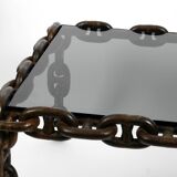 1970s XL Coffee Table Made of Nautical Iron Chain and a Thick Smoked Glass