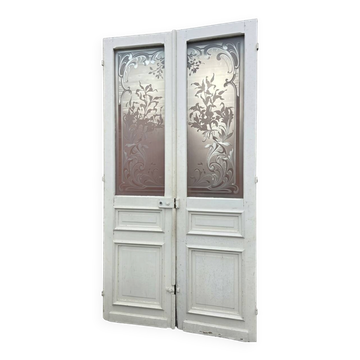 Paire de portes de séparation Art nouveau en verre gravé