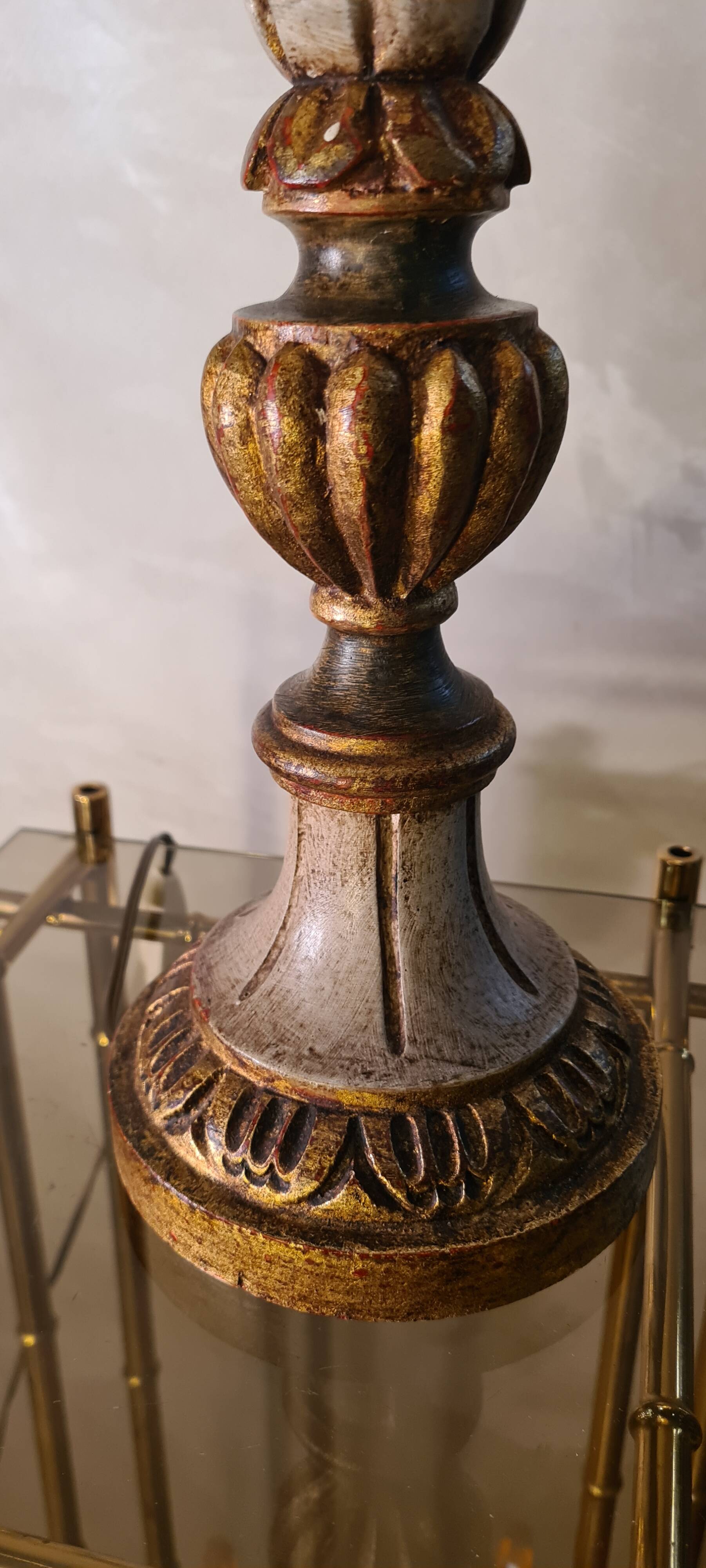 1970 lamp, patinated painted wood, and amber acrylic lampshade 70x28 elec ok;