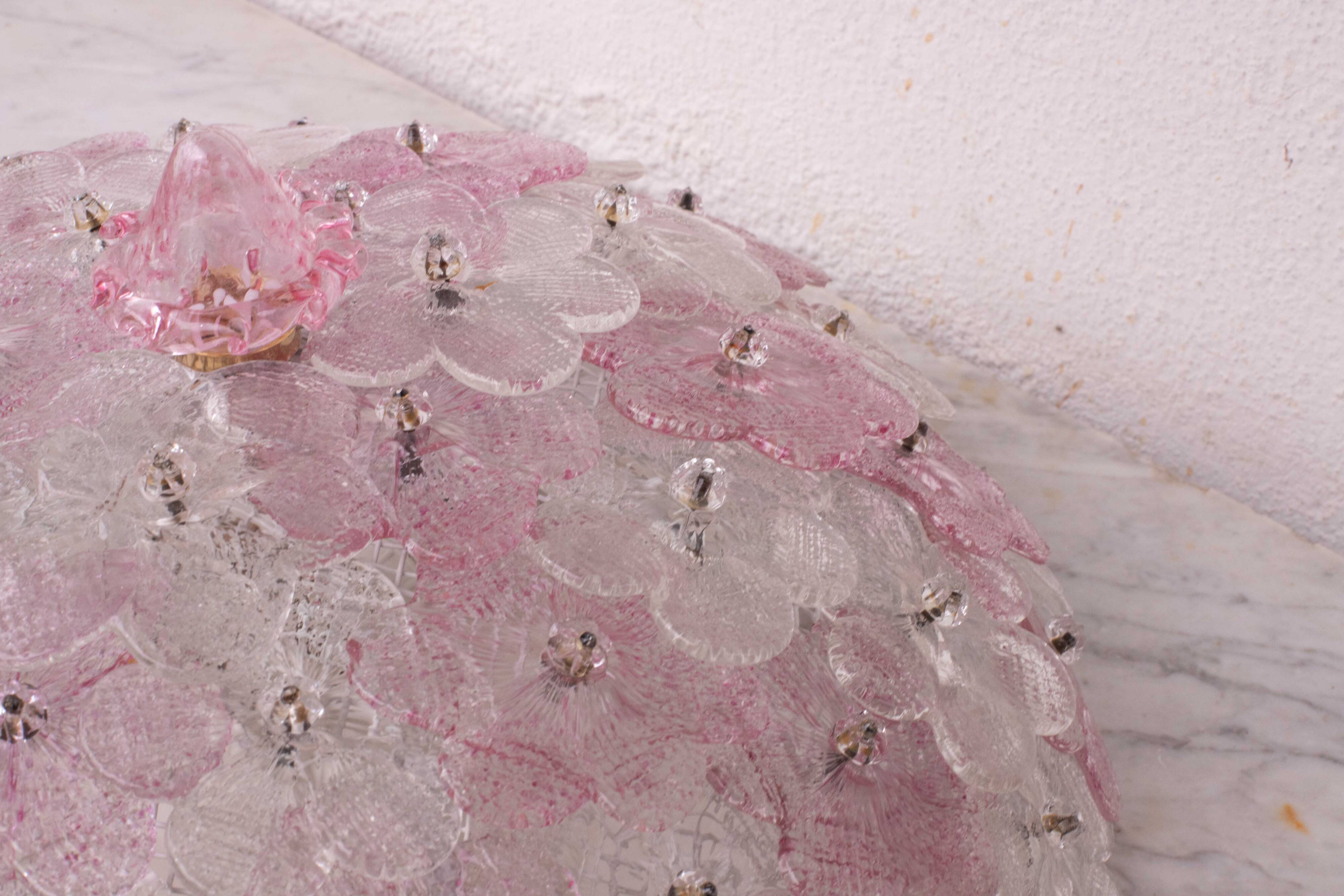 Charming Murano Ceiling Light Pink Flower by Seguso for Venini, Italy, 1970