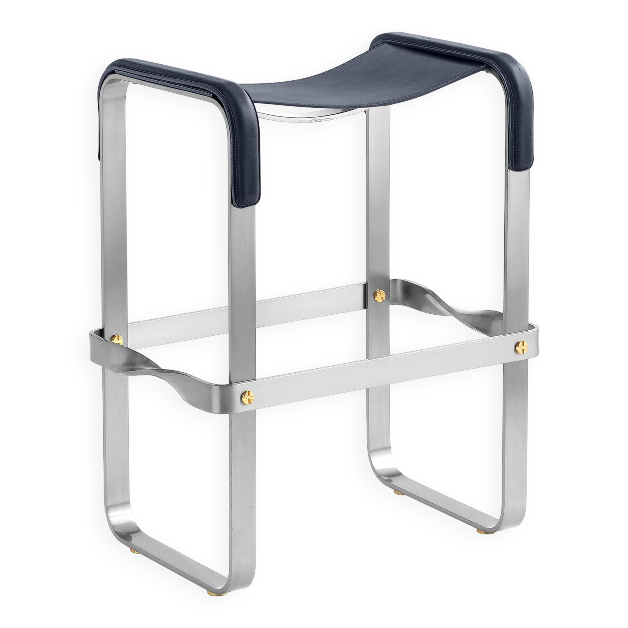 Contemporary Minimalist Bar Stool in Aged Silver Metal and Navy Blue Leather