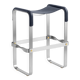 Contemporary Minimalist Bar Stool in Aged Silver Metal and Navy Blue Leather