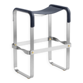 Tabouret de Bar Contemporain Minimal Métal Argent Vieilli et Cuir Bleu Marine