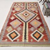 5x10 Dark Red Green Tribal Vintage Kilim Rug