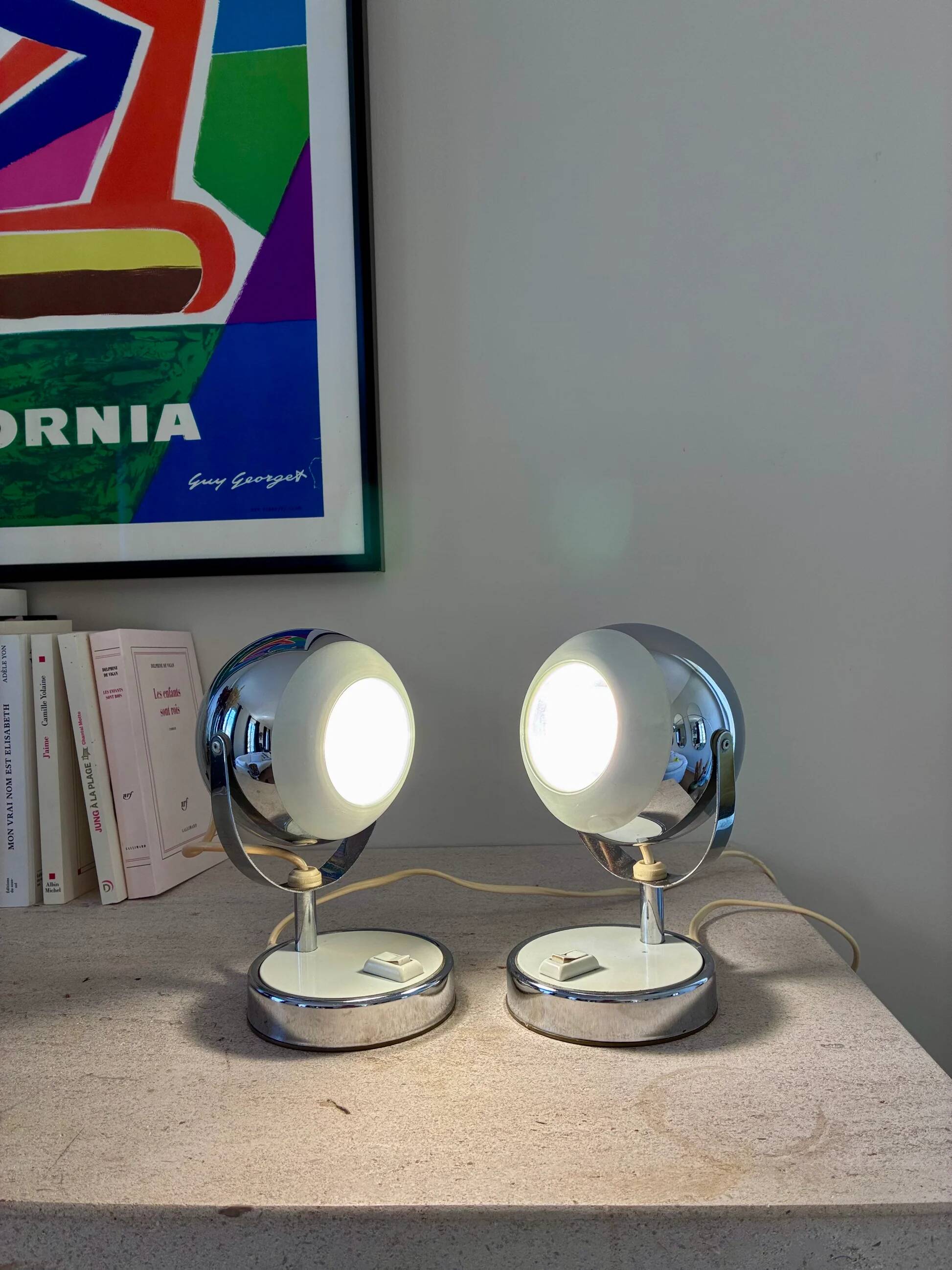 Pair of "Eye-ball" lamps in chrome metal - 1970.