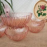Ensemble saladier et 6 coupelles verre torsadé rosaline Arcoroc vintage