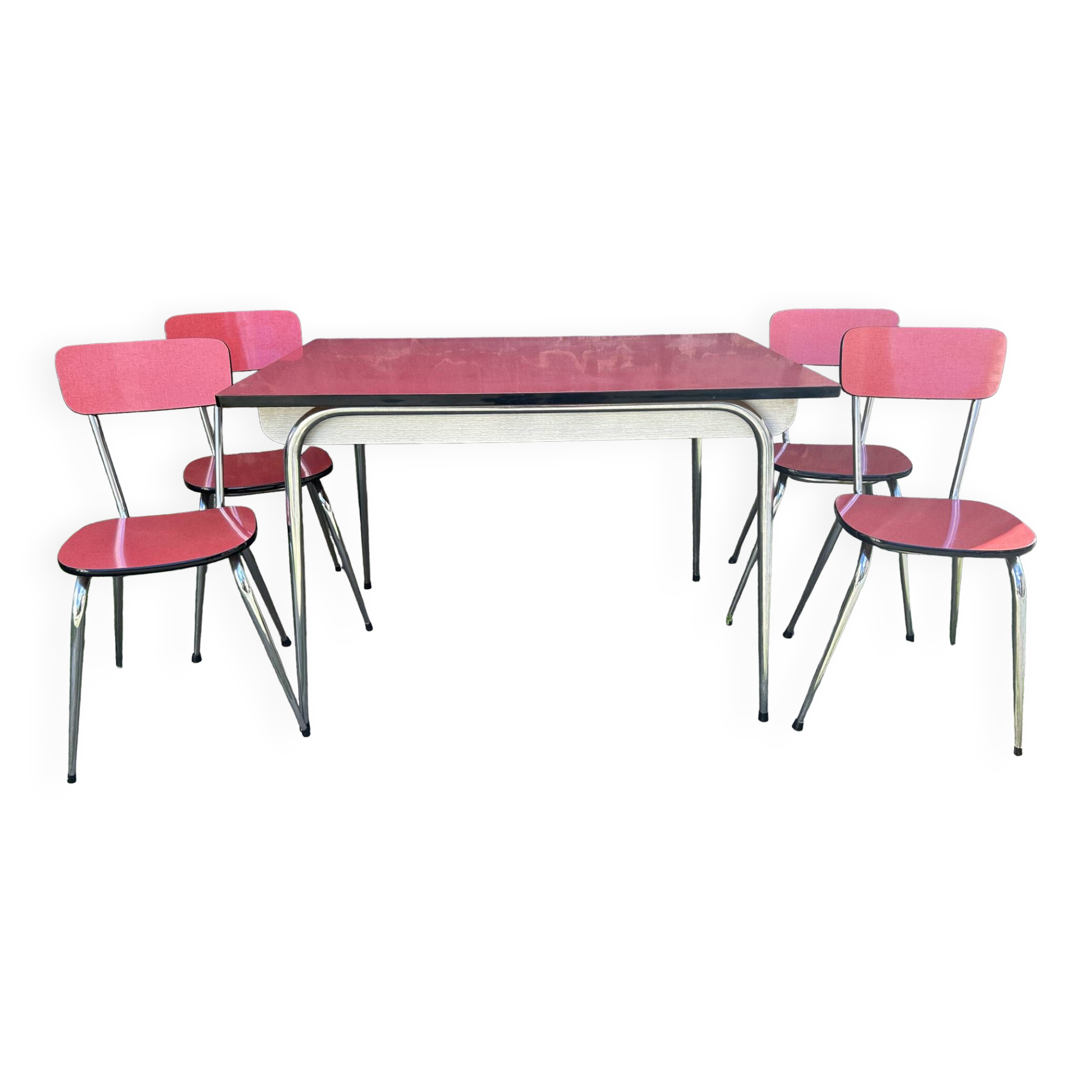 Red Formica table, 4 matching Formica chairs, vintage, 60s.