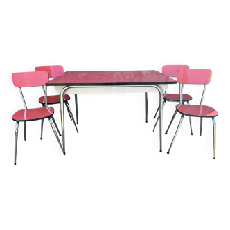 Red Formica table, 4 matching Formica chairs, vintage, 60s.