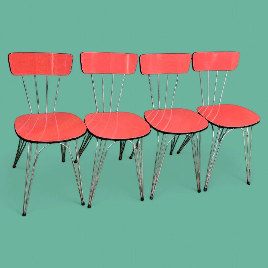 4 red Formica chairs with Eiffel legs, 1950s