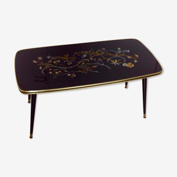 Coffee table, year 60, black with floral patterns
