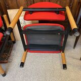 PAIR OF VINTAGE DESIGN ARMCHAIRS FROM THE 80S IN RED AND LIGHT BROS FABRIC