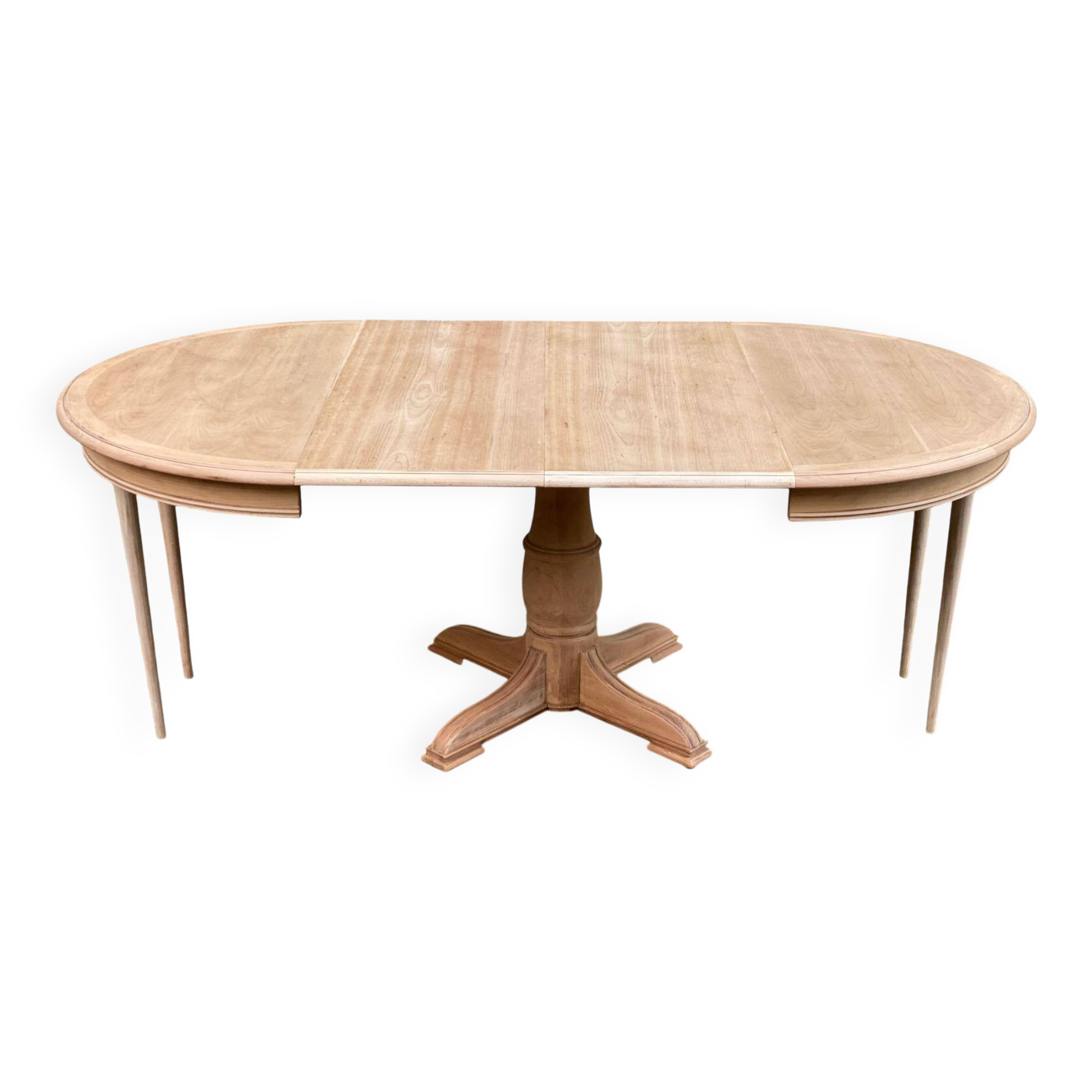 Large extendable round dining table stripped with a central wooden leg 110-198cm.