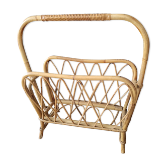 Vintage magazine holder 60s in rattan honey light