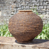 Old basket with lid, burgundy straw and bramble, woven basket, interior decoration