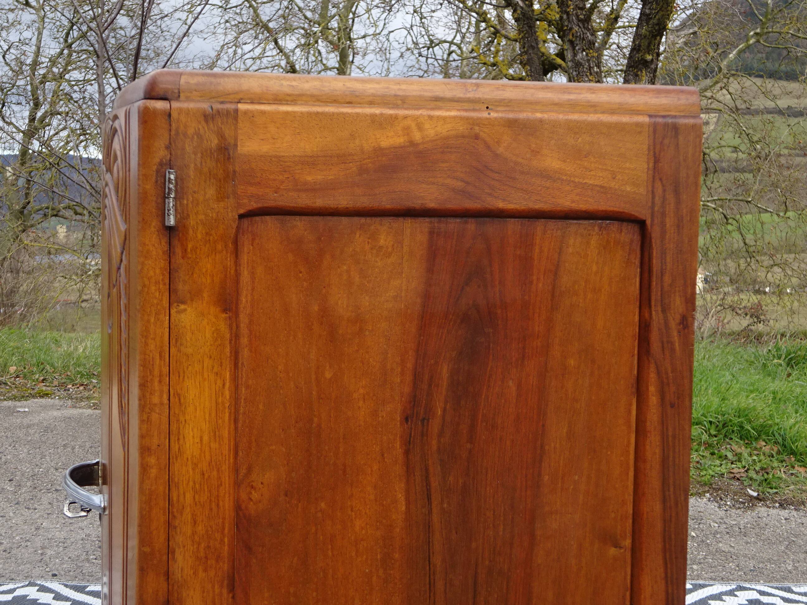Narrow sideboard, art deco in light walnut, gray marble top