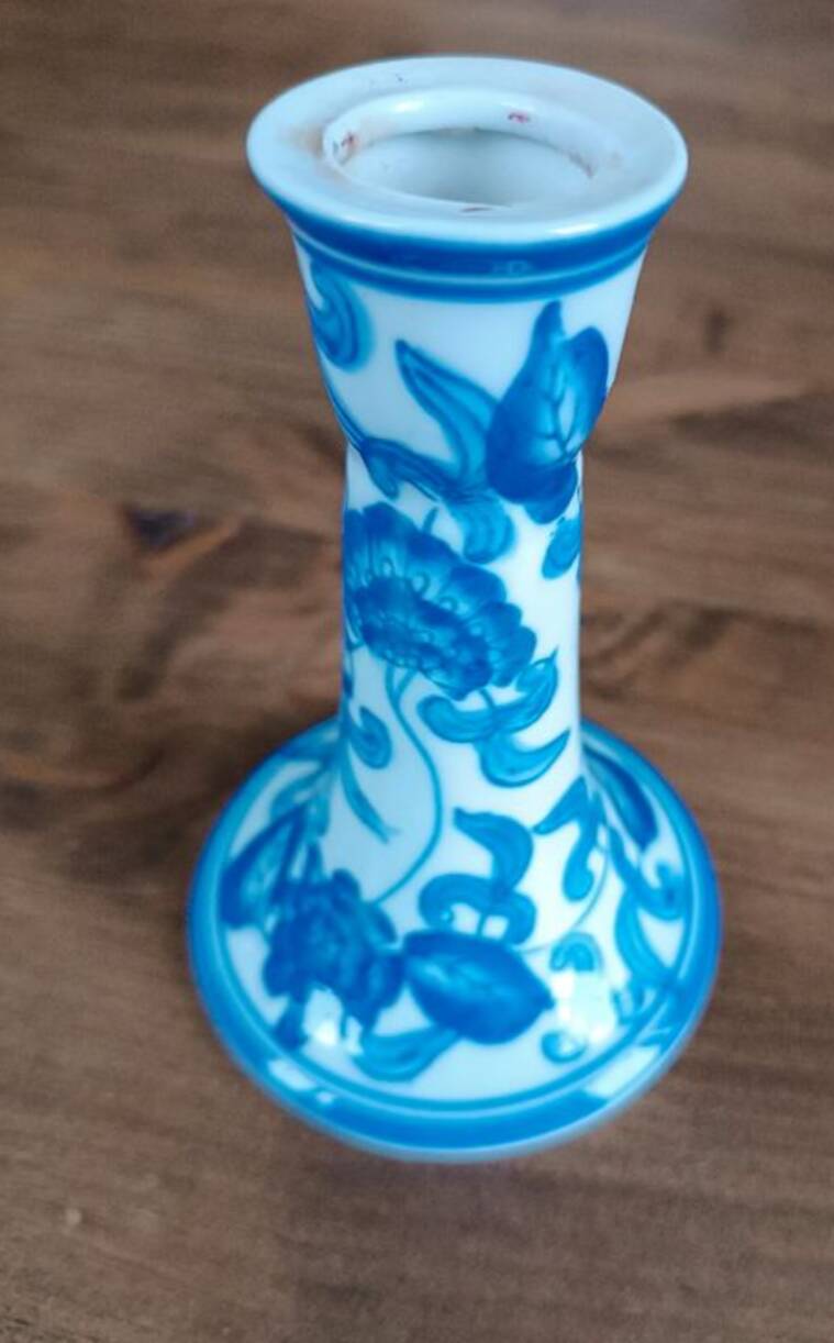 vintage blue and white ceramic candle holder