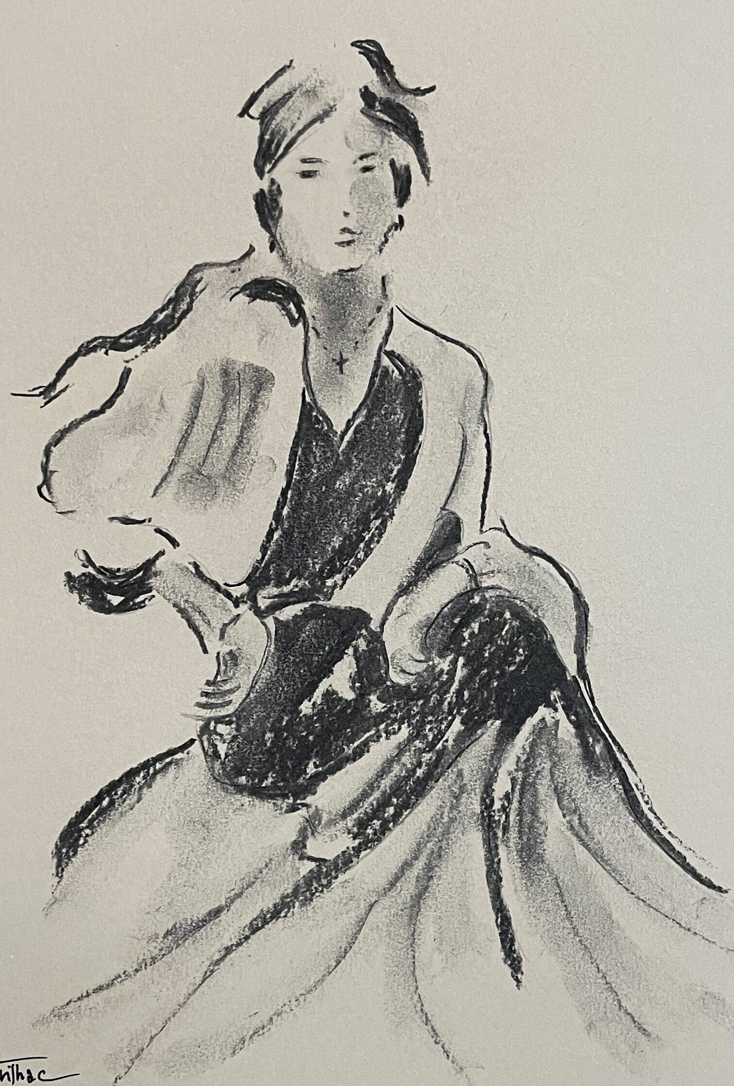 Signed charcoal drawing of a female portrait "lady"