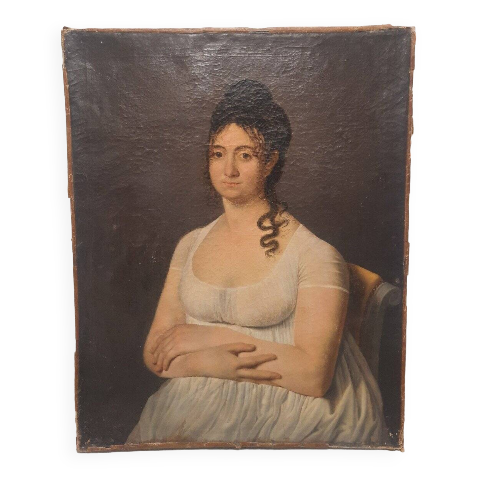 Portrait à l'huile d'une dame en robe blanche assise sur une tête de mort