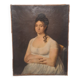 Portrait à l'huile d'une dame en robe blanche assise sur une tête de mort